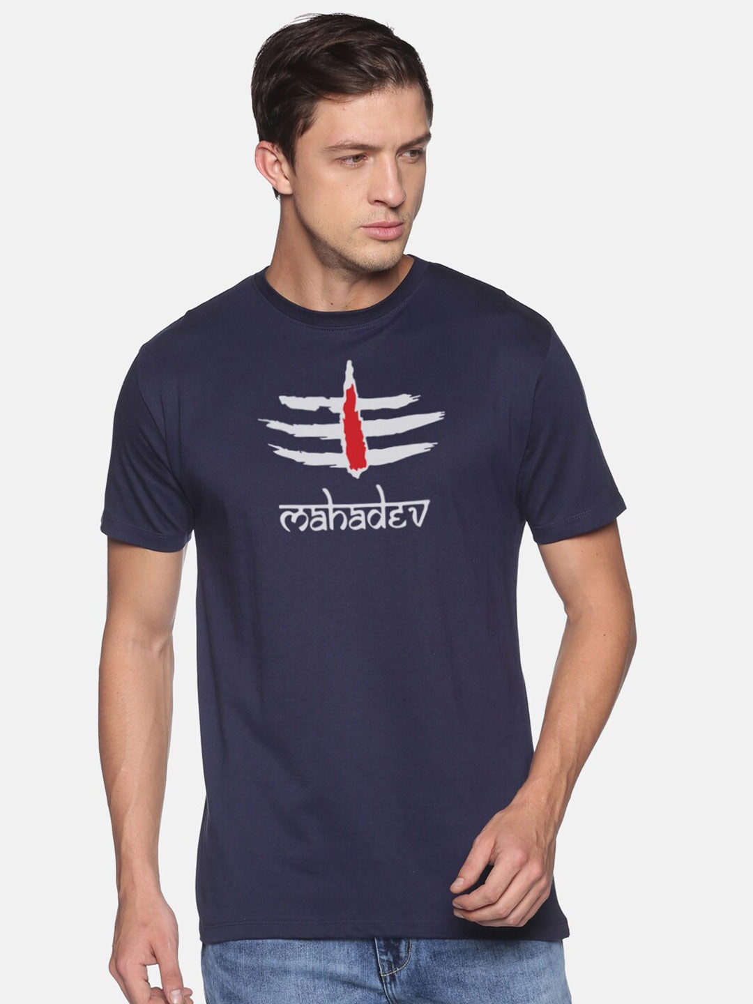 

MASH UNLIMITED Men Navy Blue & Off White Typography Printed Slim Fit T-shirt