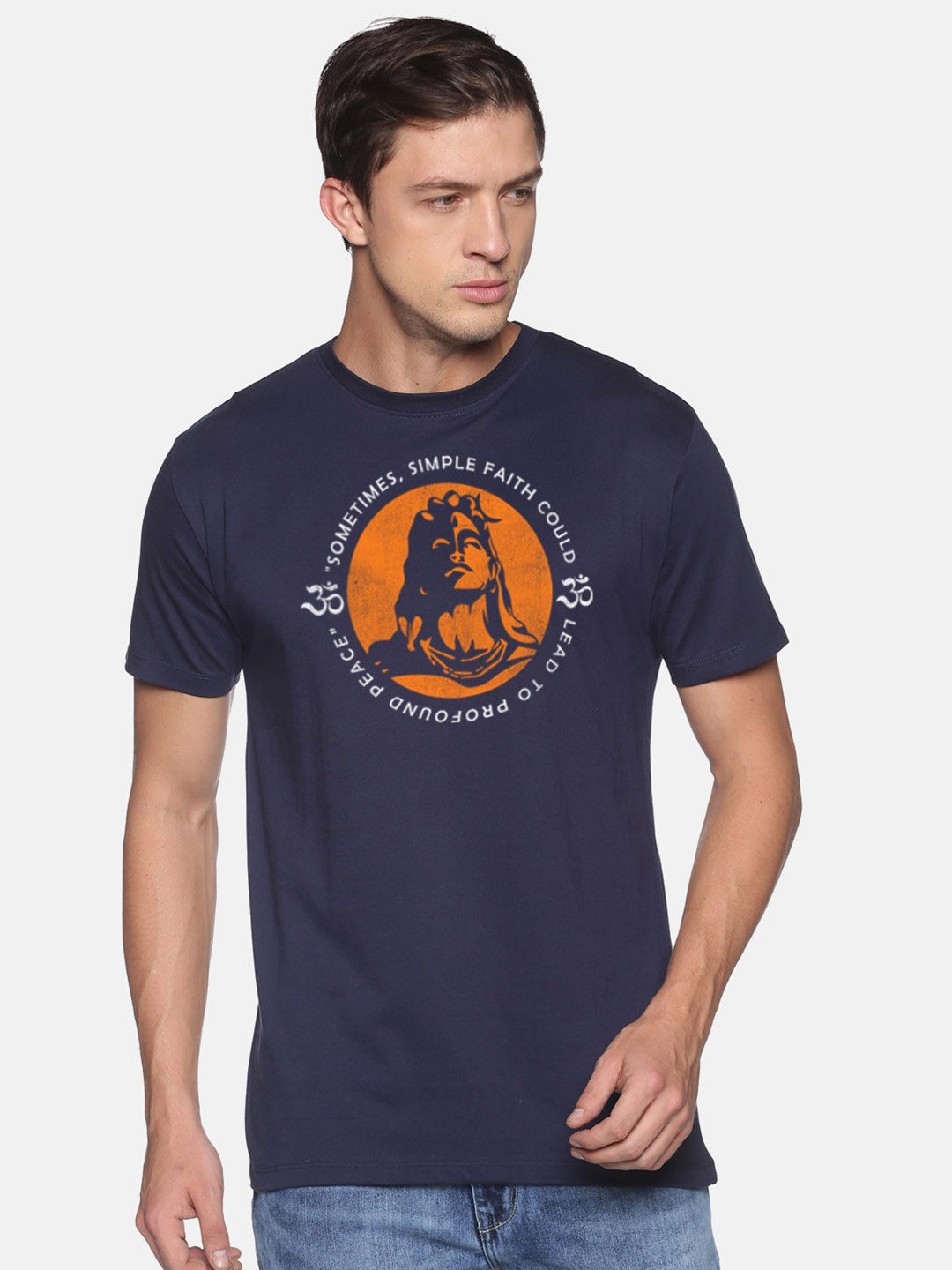 

MASH UNLIMITED Men Navy Blue & Orange Printed Slim Fit T-shirt