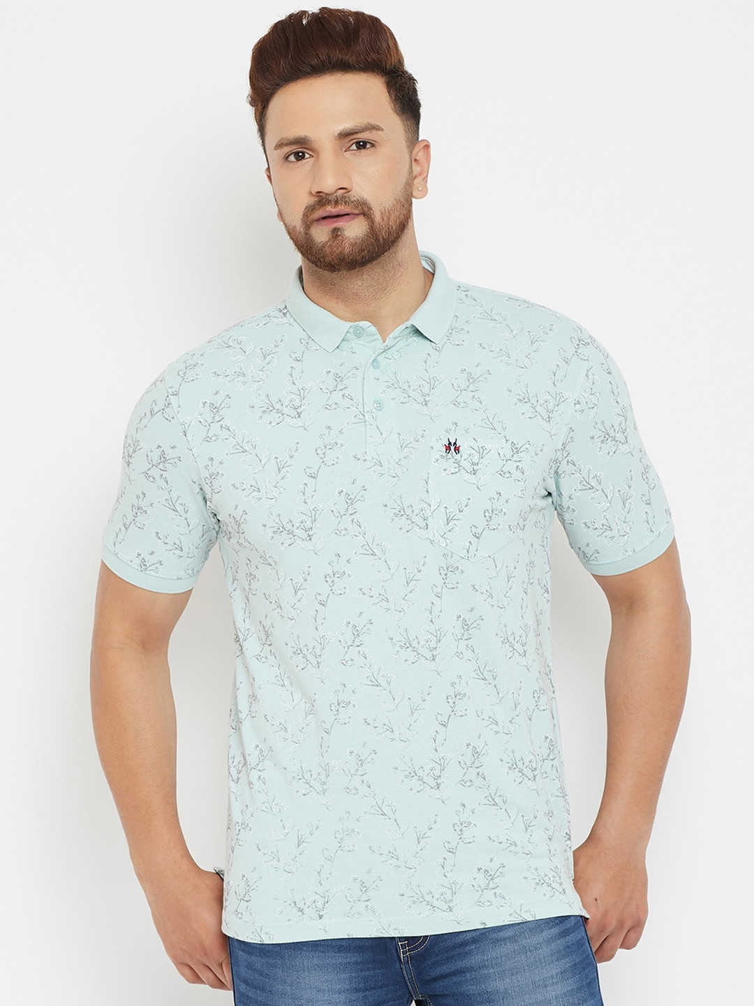 

Crimsoune Club Men Blue Printed Polo Collar Slim Fit T-shirt