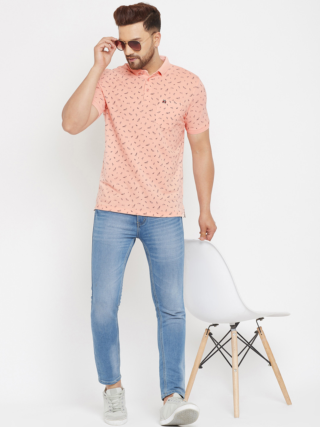 

Crimsoune Club Men Peach-Coloured Printed Polo Collar Slim Fit T-shirt