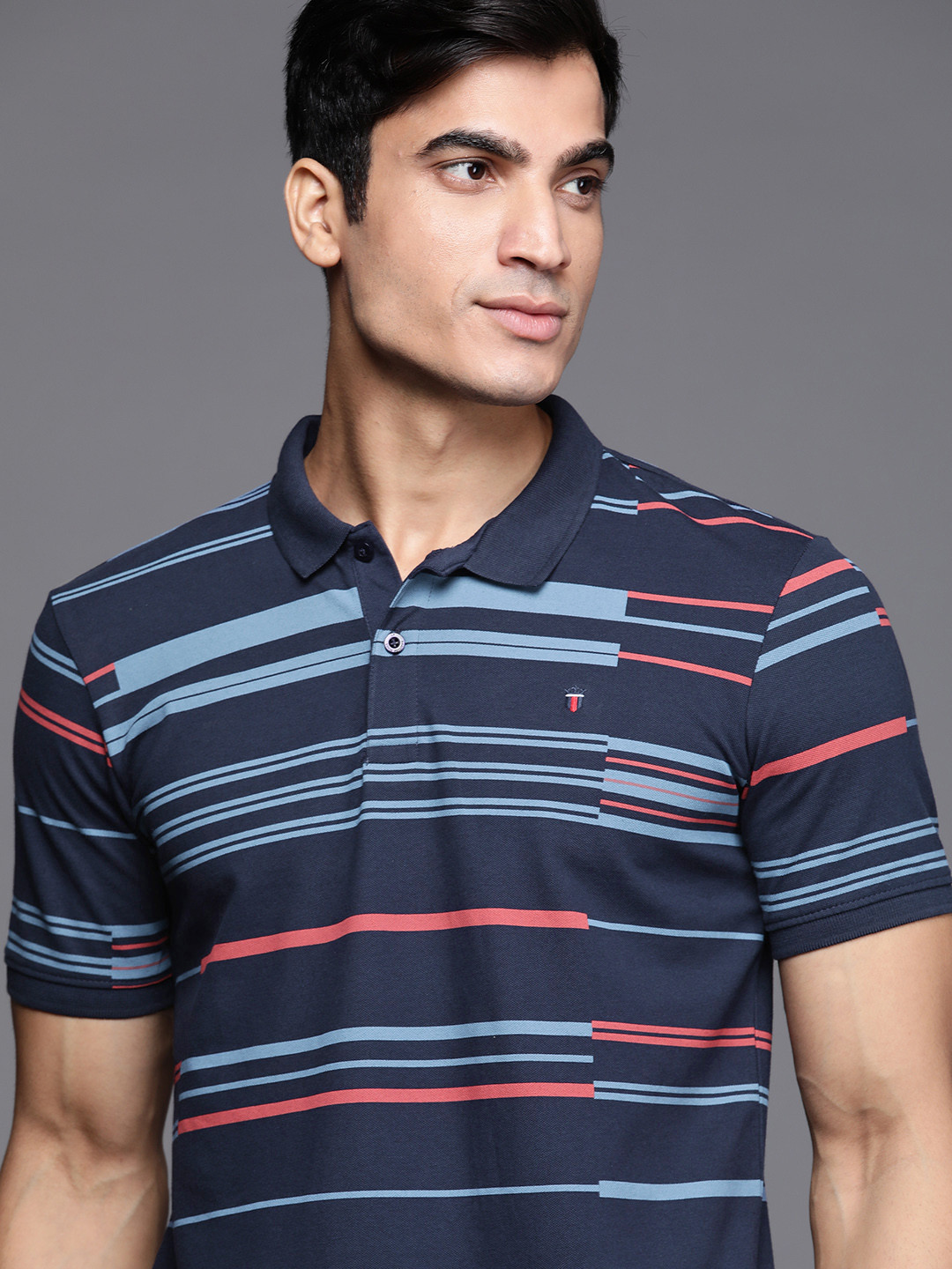 

Louis Philippe Sport Men Navy Blue & Red Striped Polo Collar T-shirt