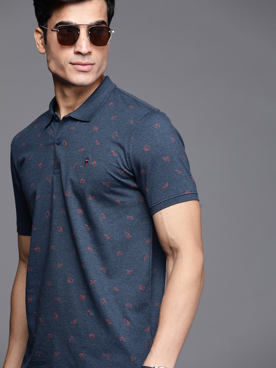 

Louis Philippe Sport Men Navy Blue & Red Geometric Print Polo Collar T-shirt