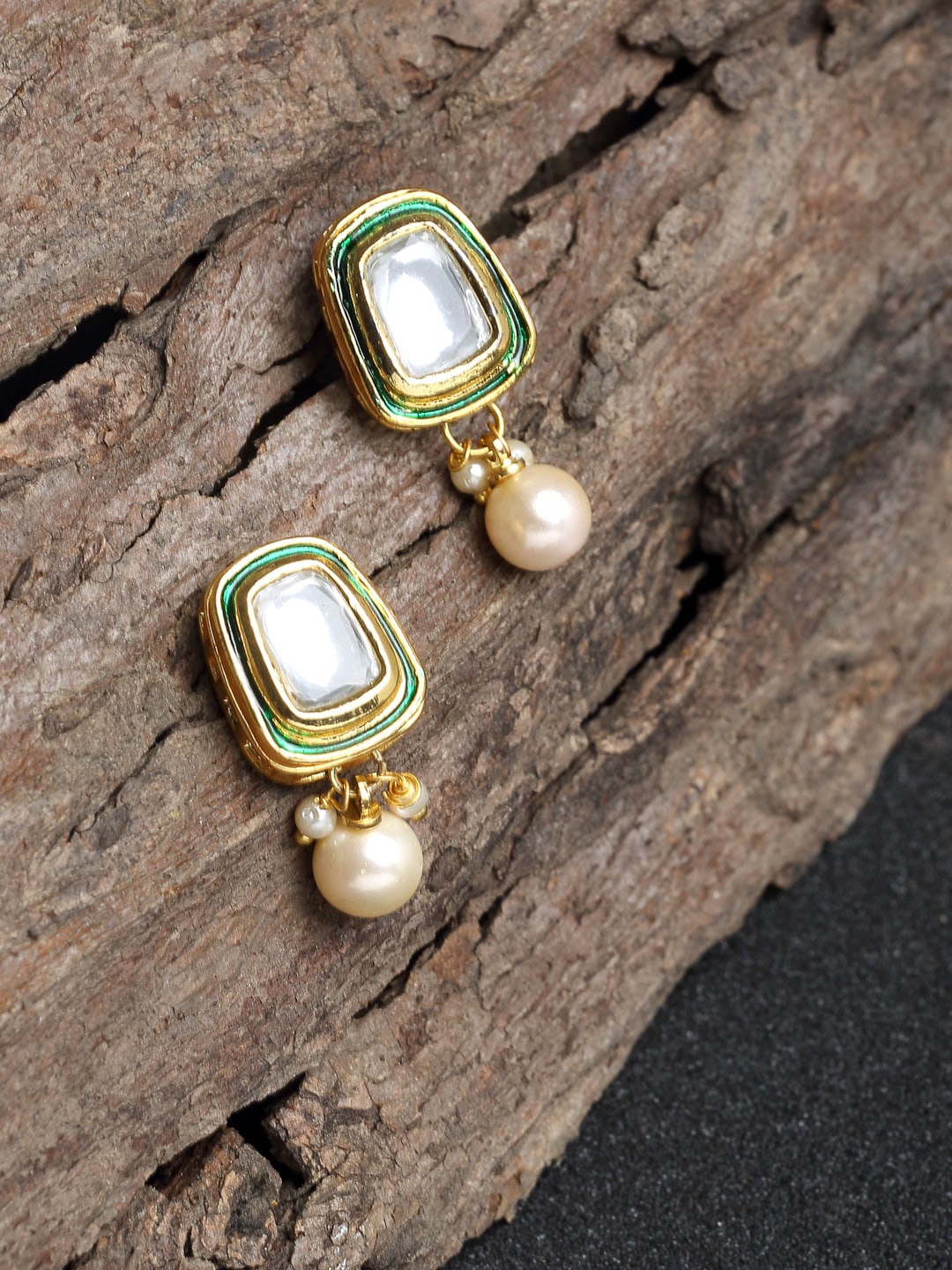 

Ruby Raang Women Gold-Toned Gold- Plated Contemporary Stone Kundan Drop Earrings