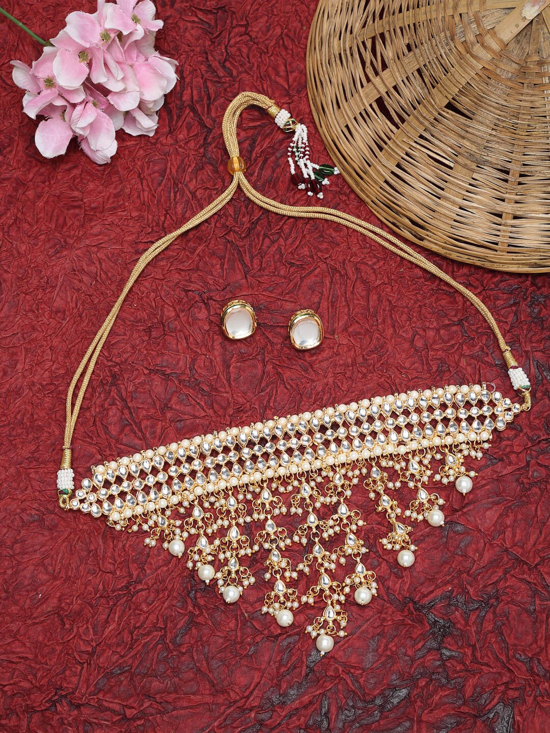 

Ruby Raang Gold-Plated White Kundan-Studded & Pearl Beaded Handcrafted Jewellery Set