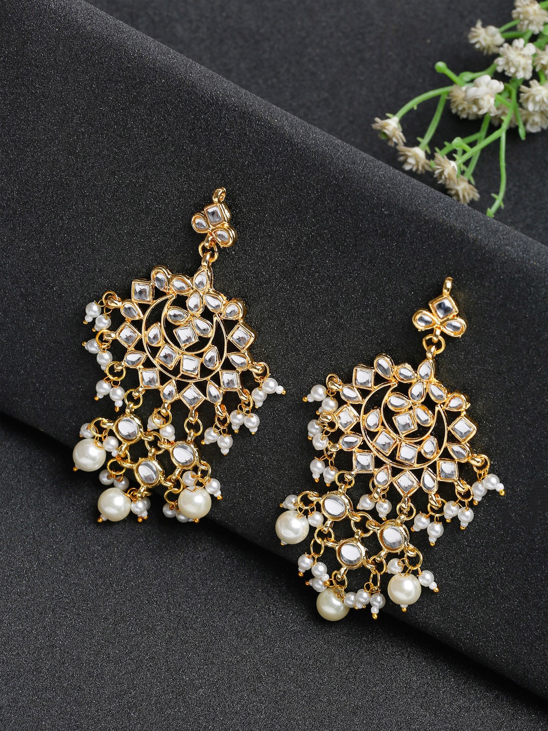 

Ruby Raang Gold-Toned & White Contemporary Artificial Beaded Drop Earrings