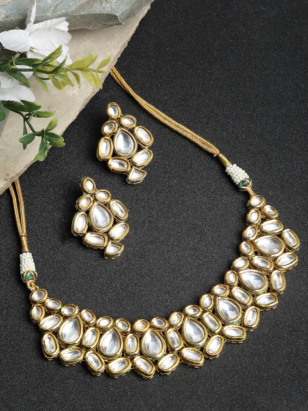 

Ruby Raang Gold-Plated & Off White Faux Kundan-Studded Handcrafted Jewellery Set