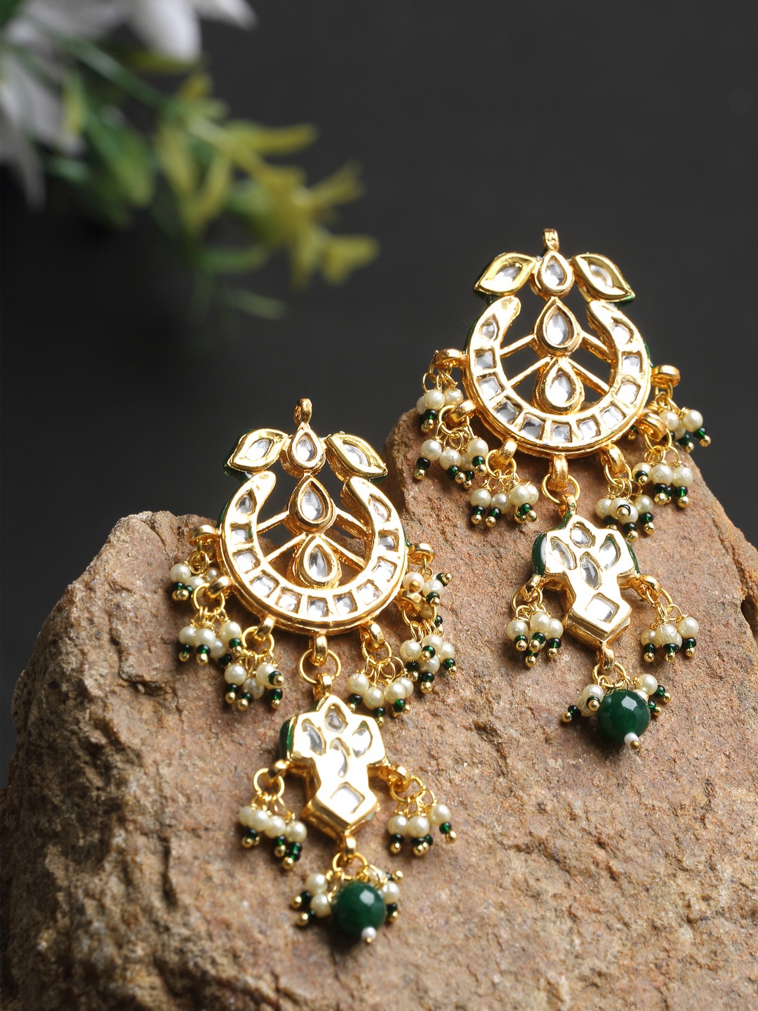 

Ruby Raang Gold-Toned & Green Contemporary Drop Earrings