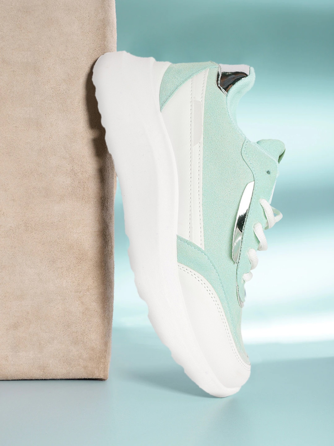 

Mast & Harbour Women Mint Green & White Colourblocked Chunky Sneakers