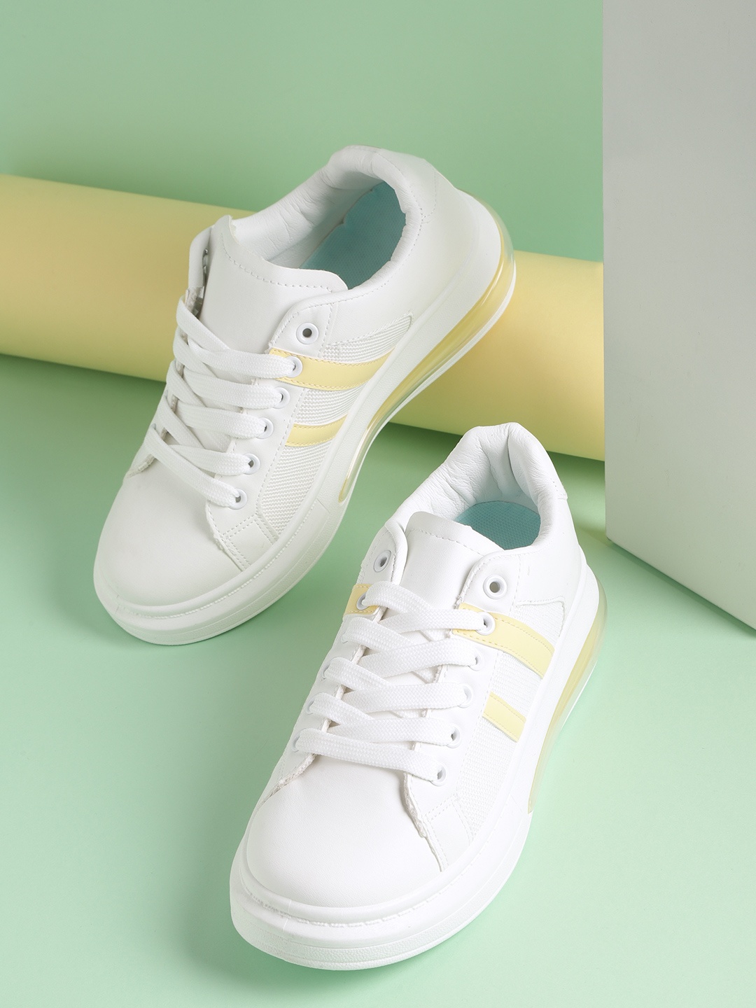 

Mast & Harbour Women White & Yellow Striped Sneakers