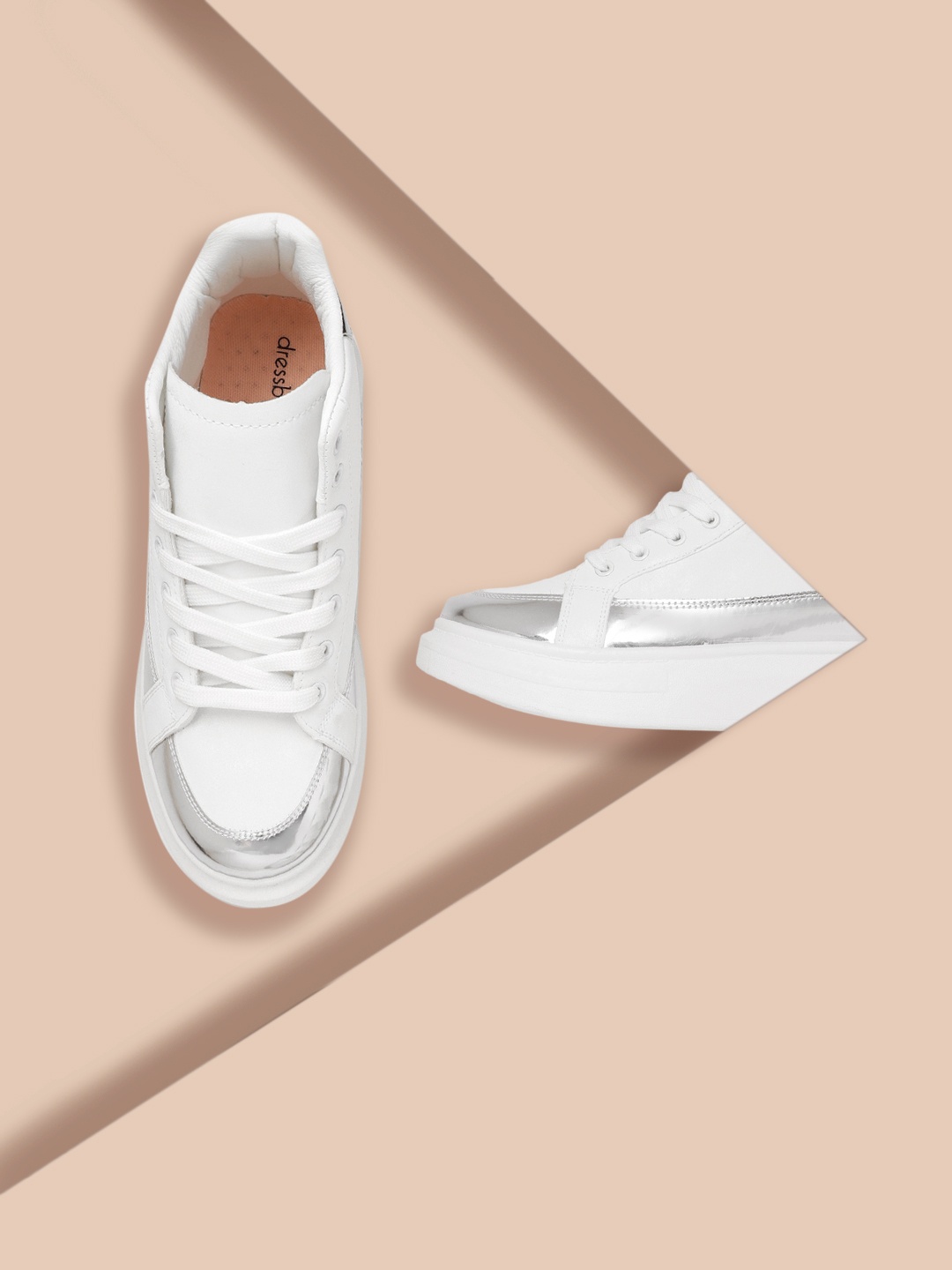 

DressBerry Women White & Silver-Toned Mid-Top Colourblocked Flatform Sneakers