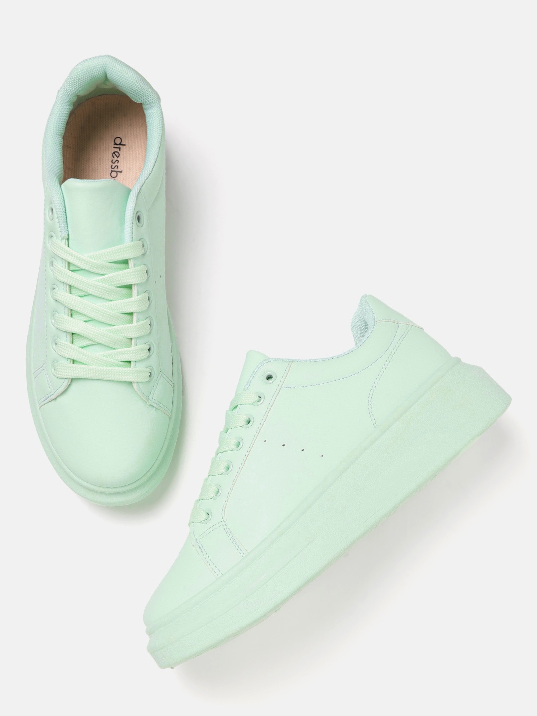 

DressBerry Women Mint Green Solid Flatform Sneakers