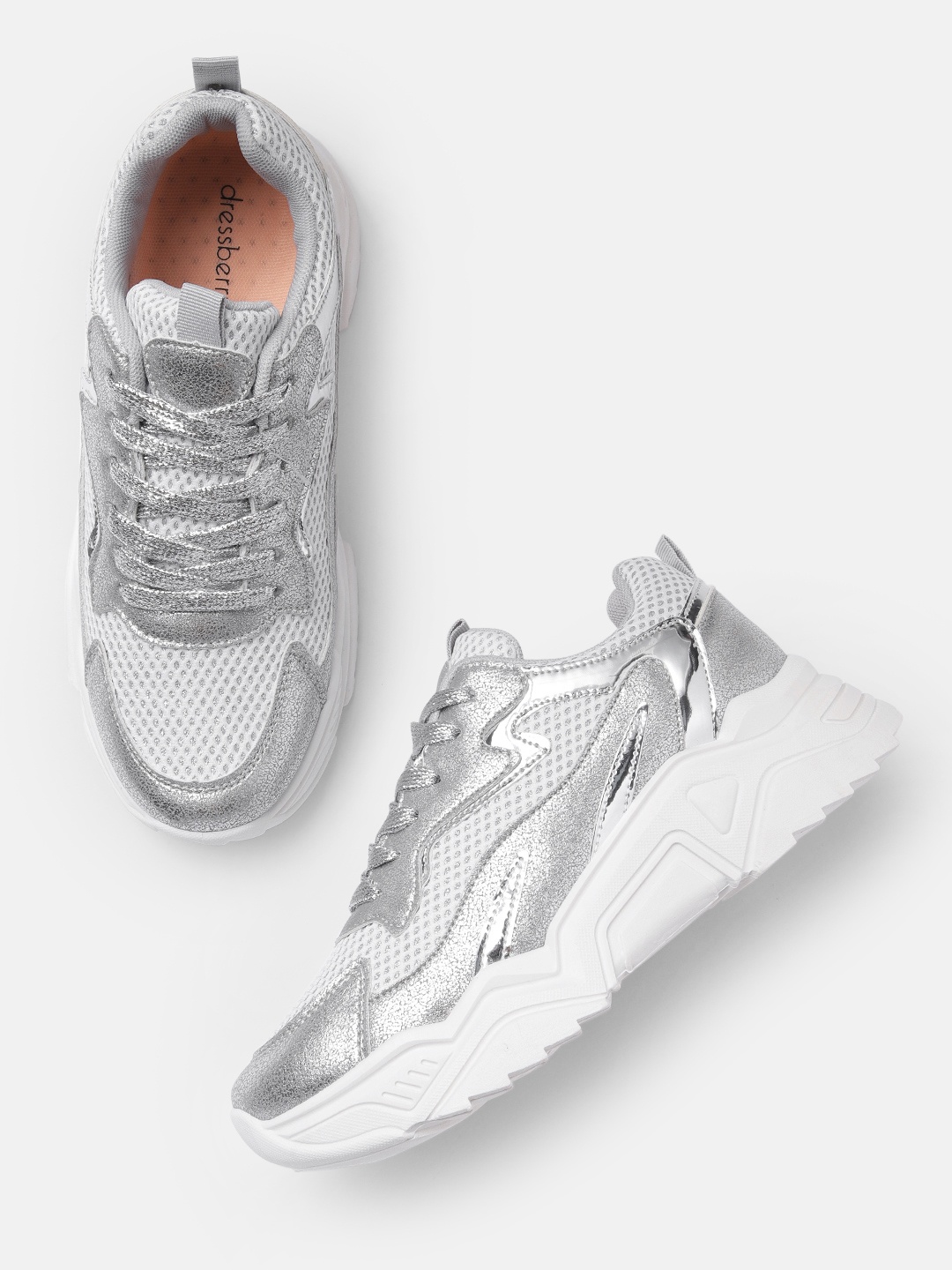 

DressBerry Women Silver-Toned Textured Sneakers