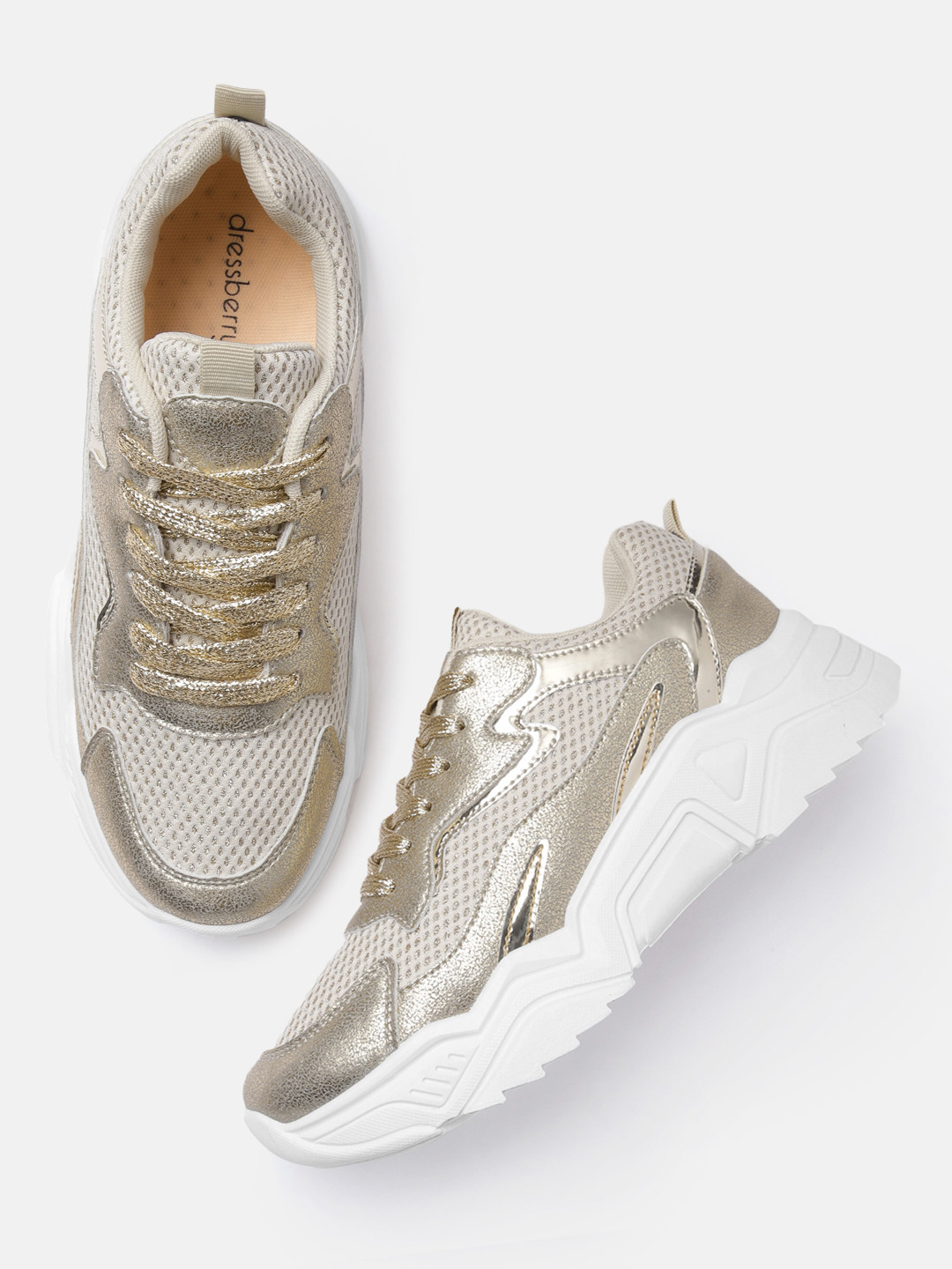 

DressBerry Women Gold-Toned Woven Design Sneakers