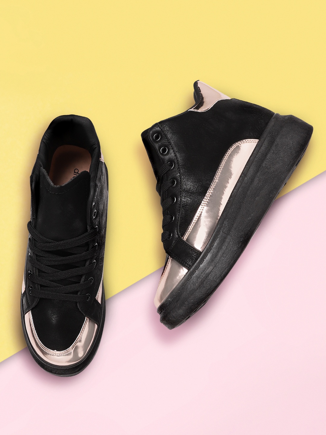 

DressBerry Women Black & Rose Gold-Toned Mid-Top Colourblocked Flatform Sneakers