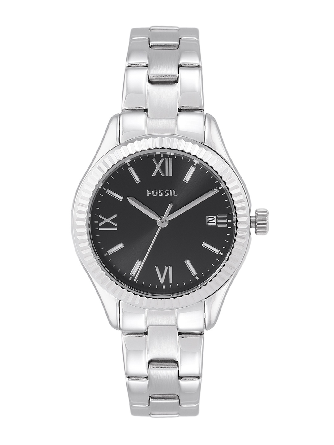 

Fossil Women Black Dial & Silver-Toned Bracelet Style Straps Rye Analogue Watch BQ3637