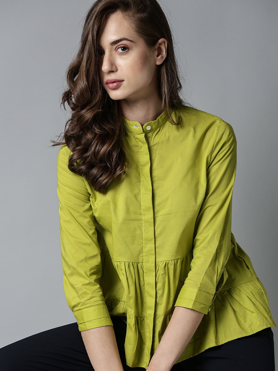 

RAREISM Lime Green Mandarin Collar Bell Sleeve A-Line Top