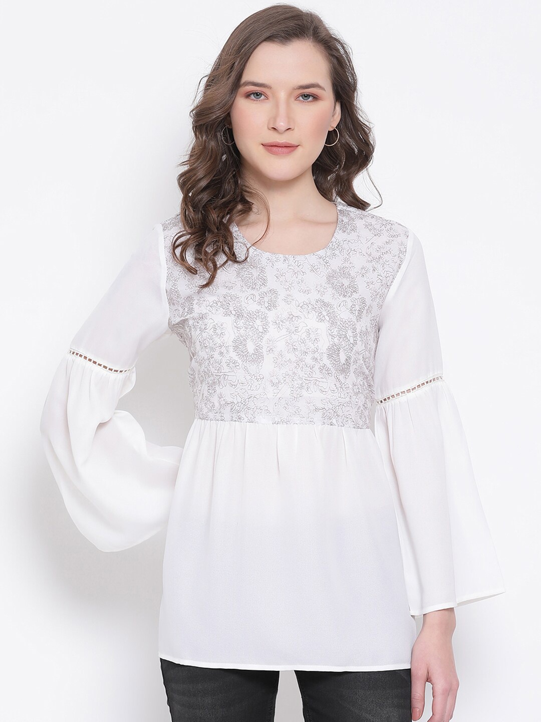 

LY2 Women White and Grey Bell Sleeves Printed Empire Top