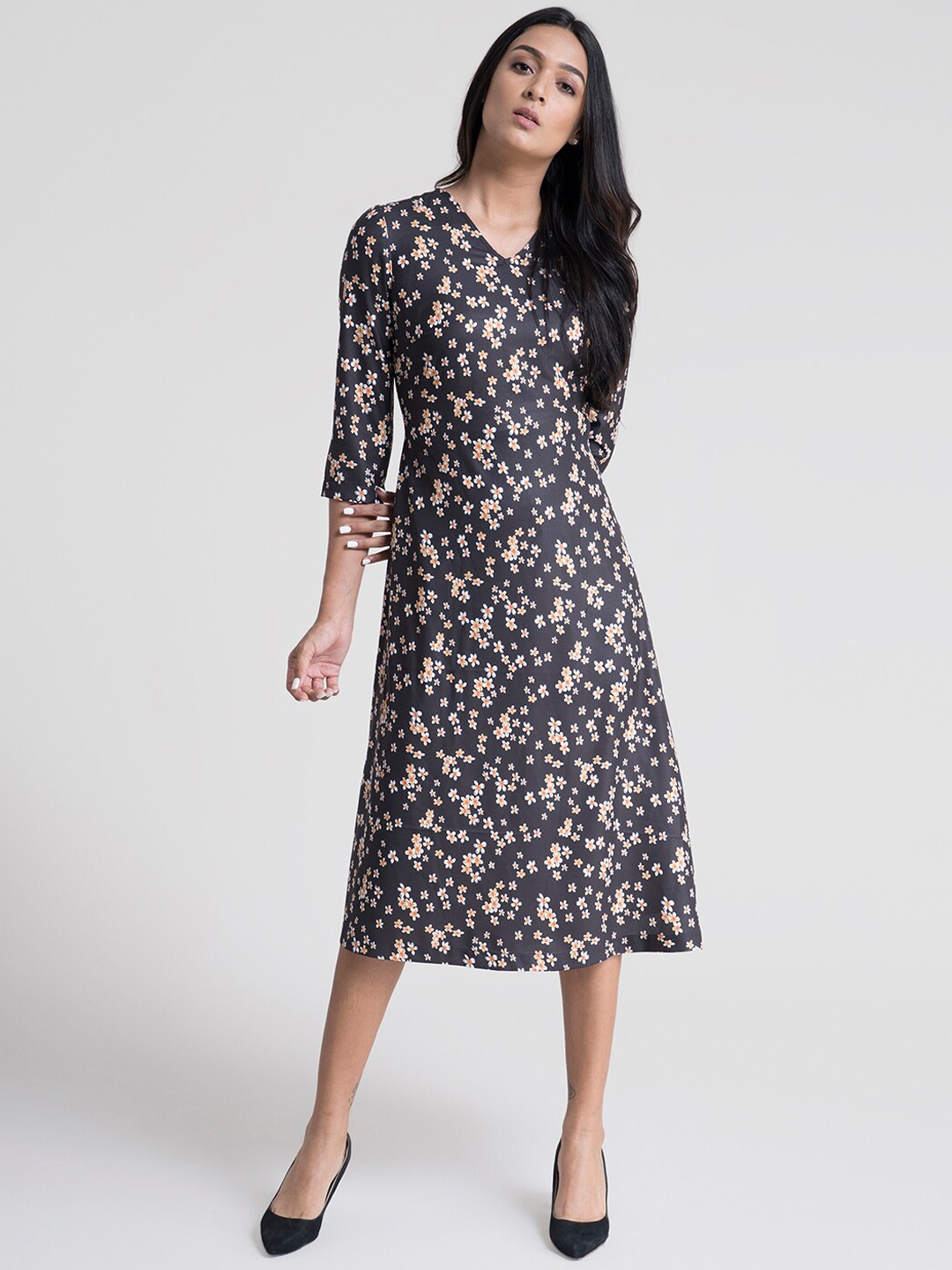 

FableStreet Black Floral A-Line Midi Dress