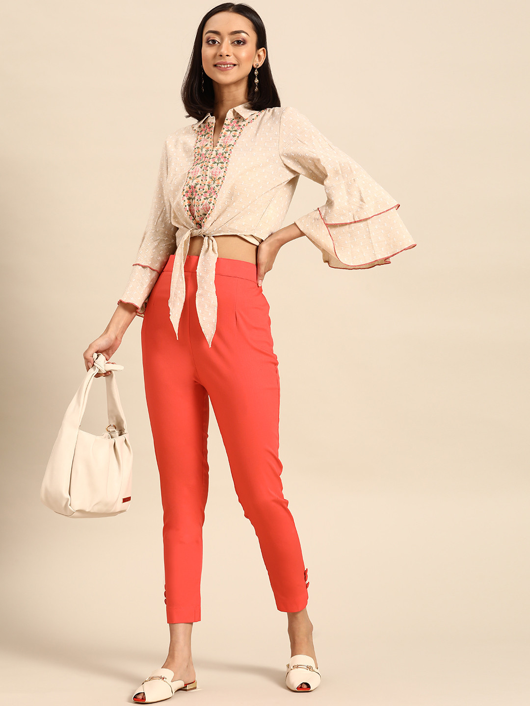 

Saadgi Women Coral Orange Solid Comfort High-Rise Easy Wash Cropped Cigerette Trousers