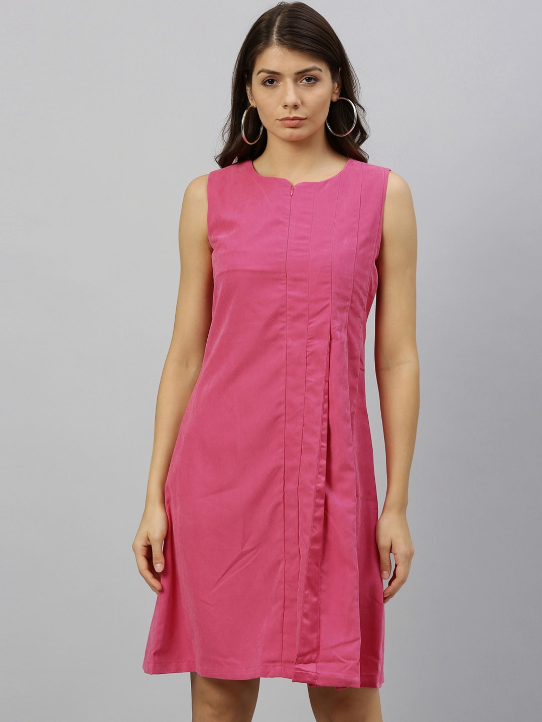 

RAREISM Women Solid Pink Pleated A-Line Dress