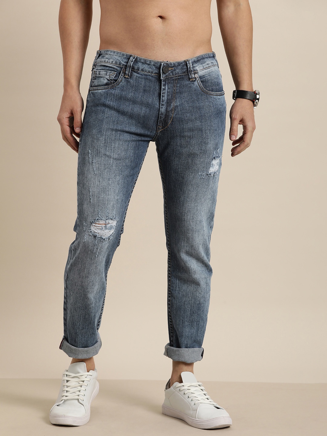 

Moda Rapido Men Blue Slim Fit Low Distressed Light Fade Mid-Rise Stretchable Jeans