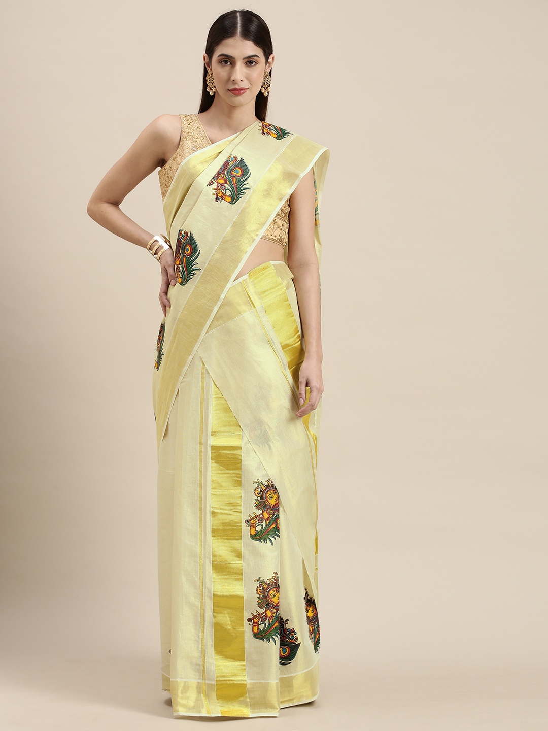 

Thara Saree Off White & Gold-Toned Ethnic Motifs Zari Pure Cotton Kasavu Mundu Sarees