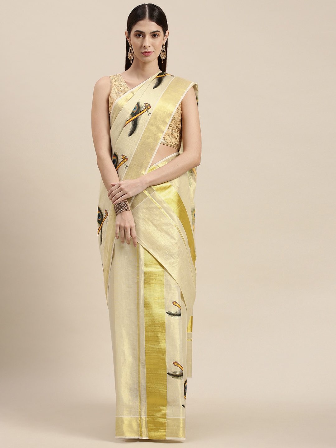 

Thara Saree Off White Ethnic Motifs Zari Pure Cotton Kasavu Mundu Sarees