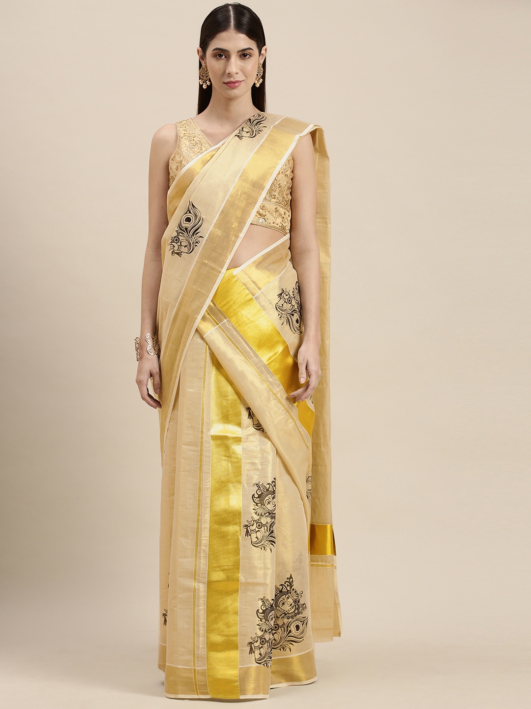 

Thara Saree Beige & Black Ethnic Motifs Print Zari Pure Cotton Kasavu Handloom Sarees
