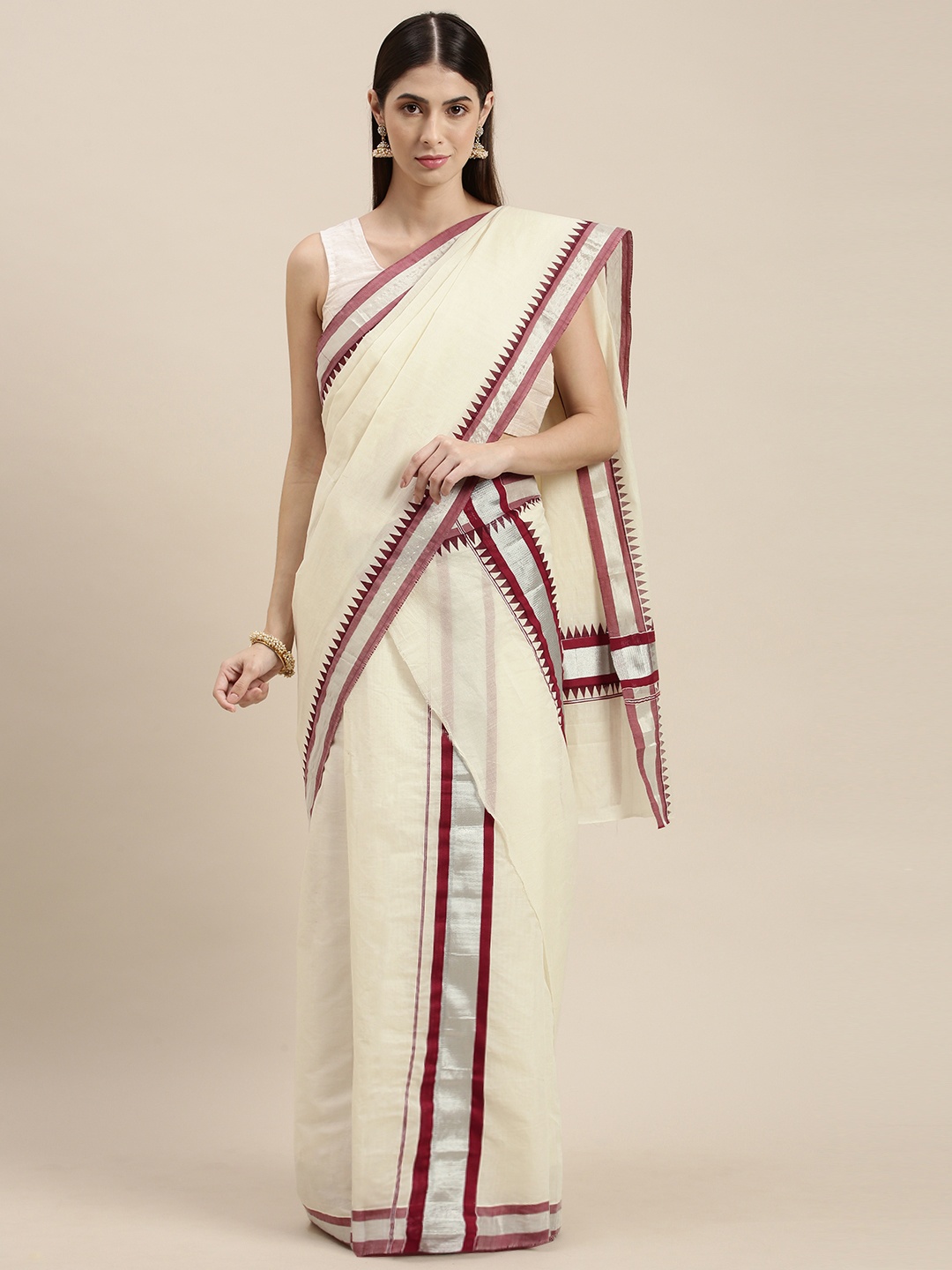 

Thara Saree Off White & Brown Kerala Cotton Set Mundu Saree