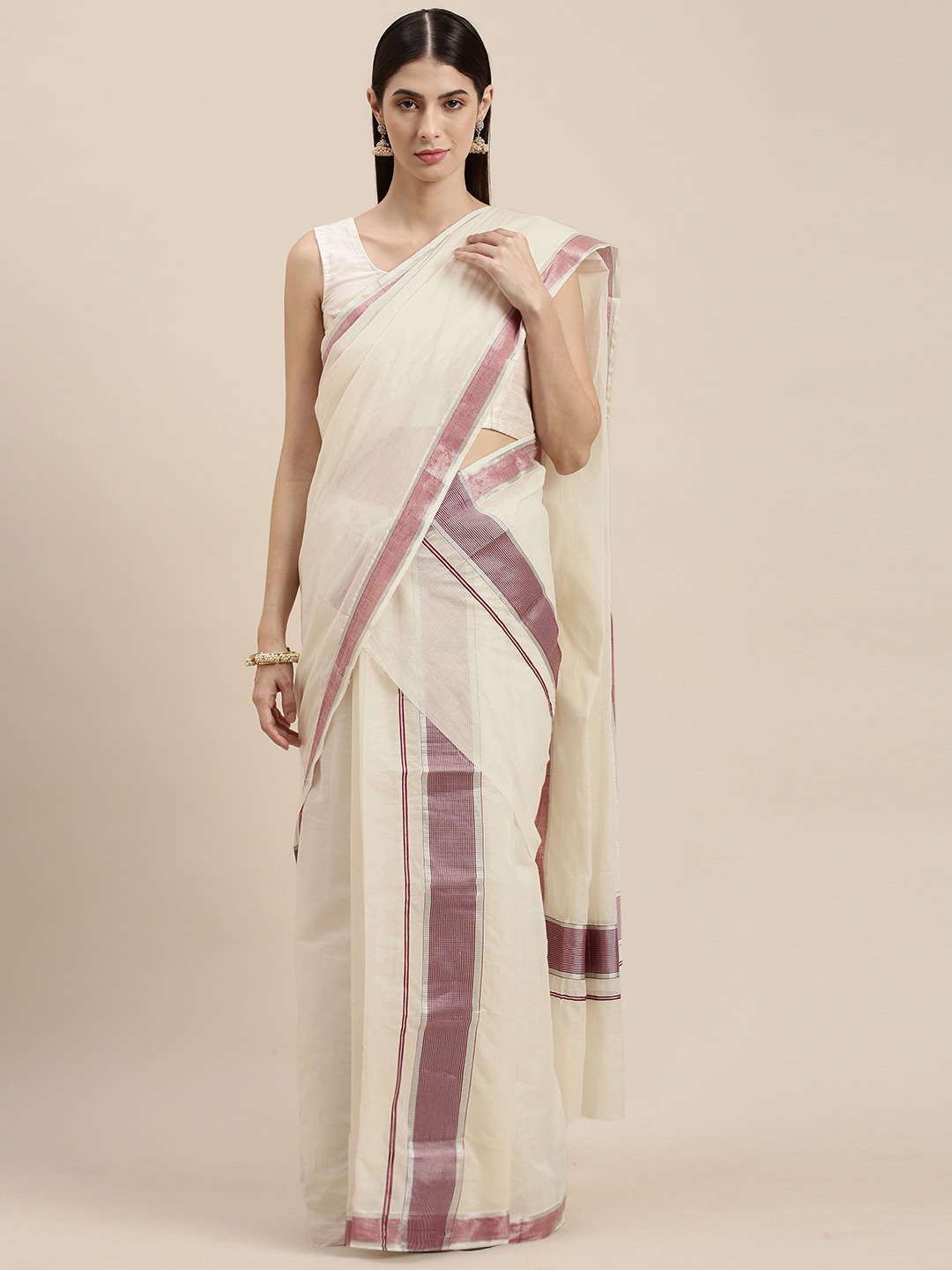 

Thara Saree Off White & Brown Kerala Cotton Set Mundu Saree