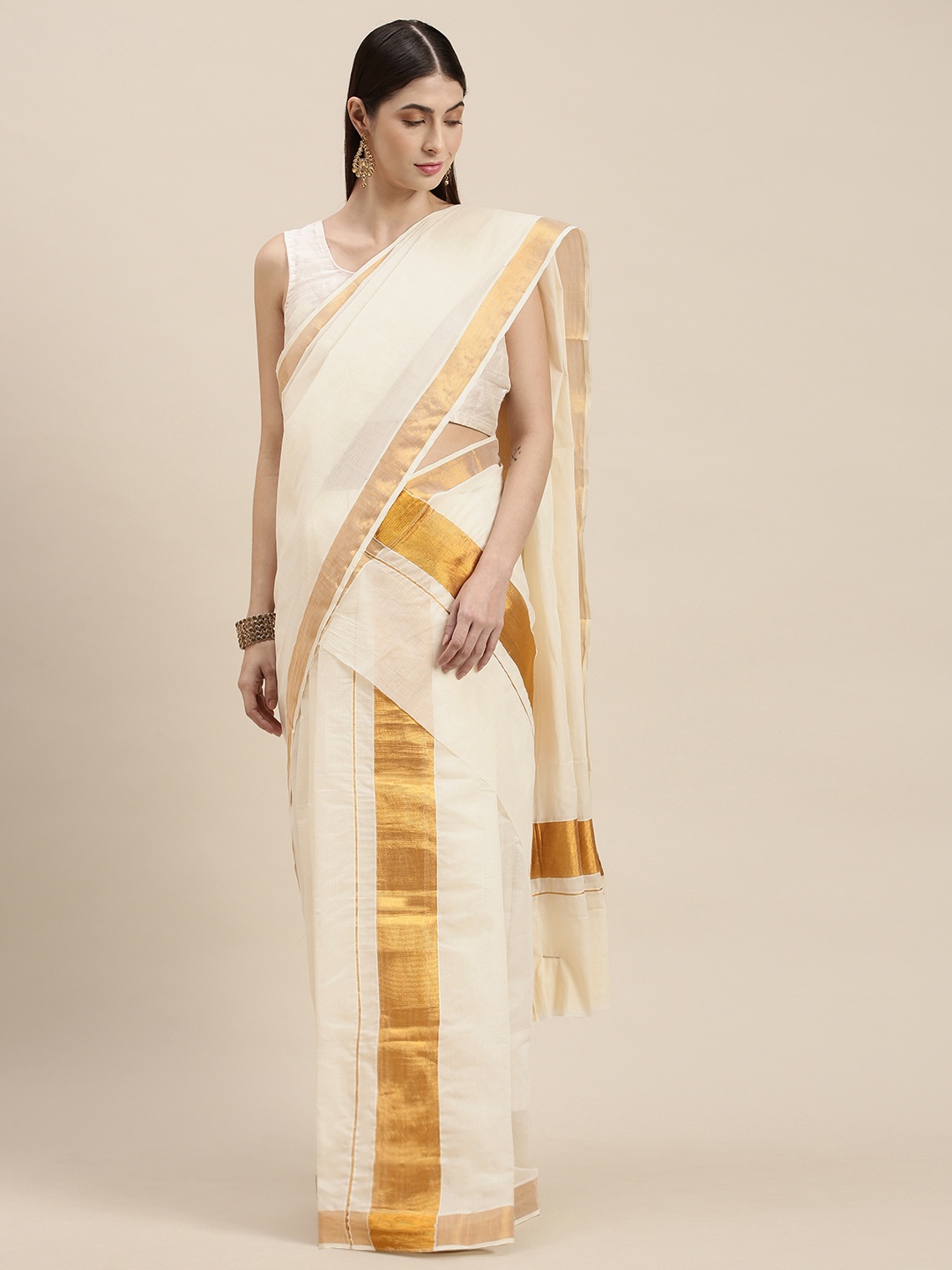 

Thara Saree Off White & Gold-Toned Zari Kerala Cotton Set Mundu Saree