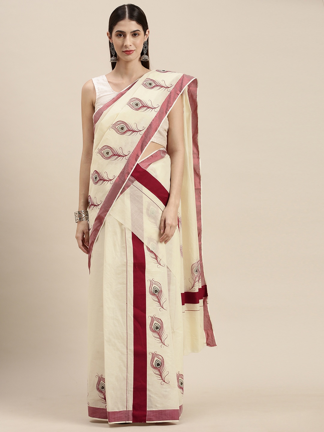 

Thara Saree Off White & Gold-Toned Ethnic Motifs Zari Pure Cotton Kasavu Mundu Sarees