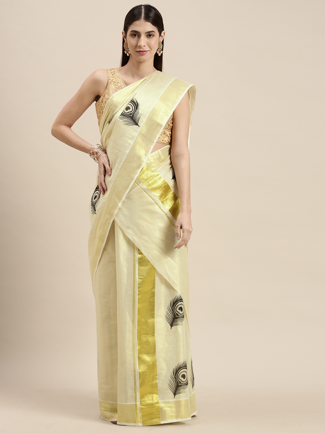 

Thara Saree Off White & Gold-Toned Ethnic Motifs Zari Pure Cotton Kasavu Mundu Sarees