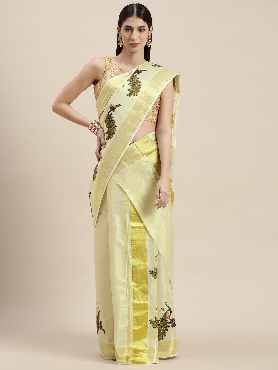 

Thara Saree Off White & Gold-Toned Ethnic Motifs Zari Pure Cotton Kasavu Mundu Sarees