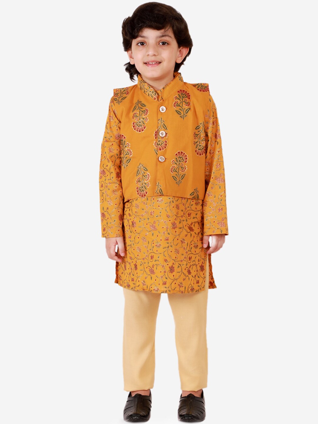 

KID1 Boys Mustard Yellow Printed Pure Cotton Kurta with Pyjamas