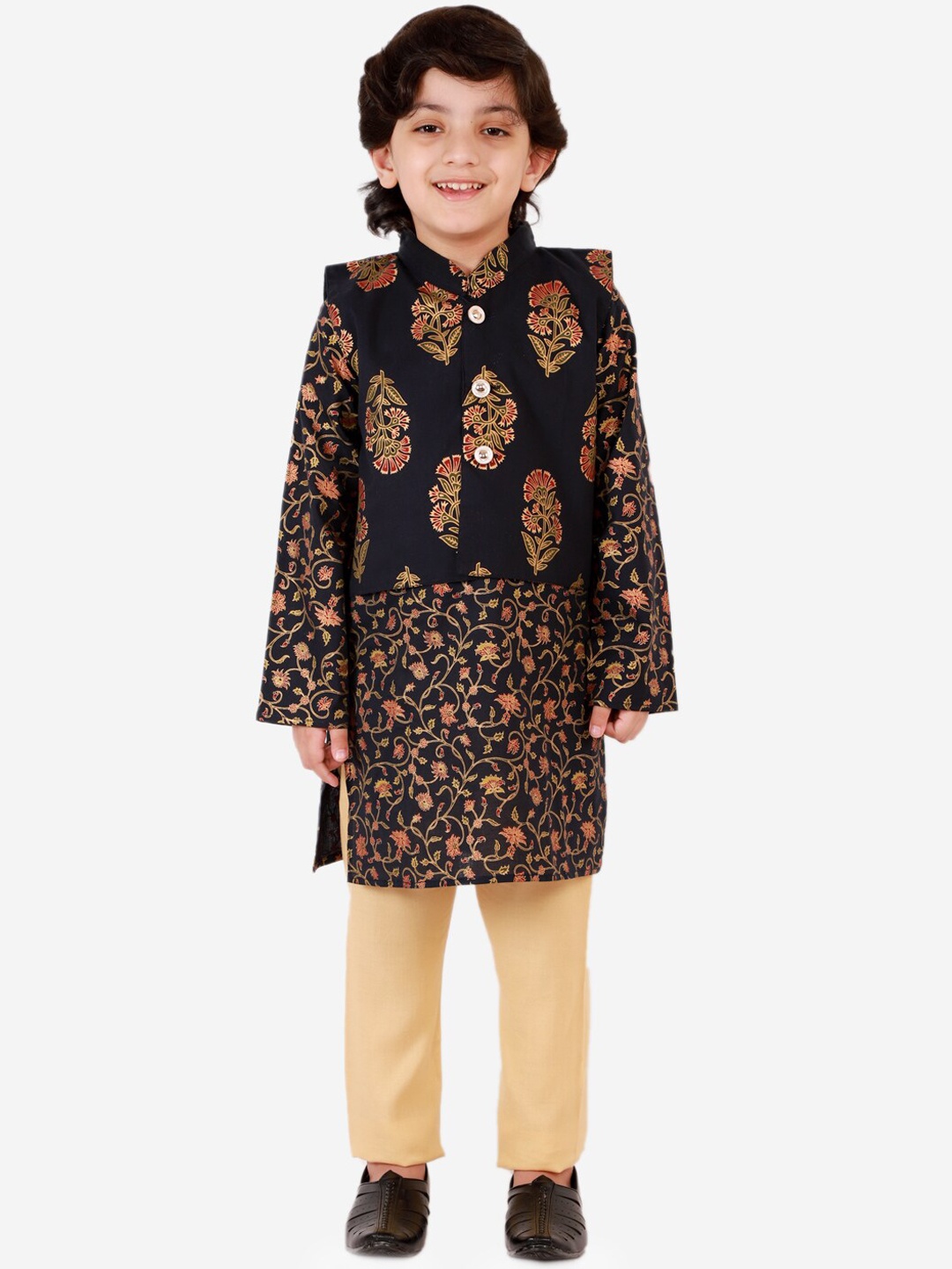 

KID1 Boys Black & Red Printed Pure Cotton Layered Kurta Set