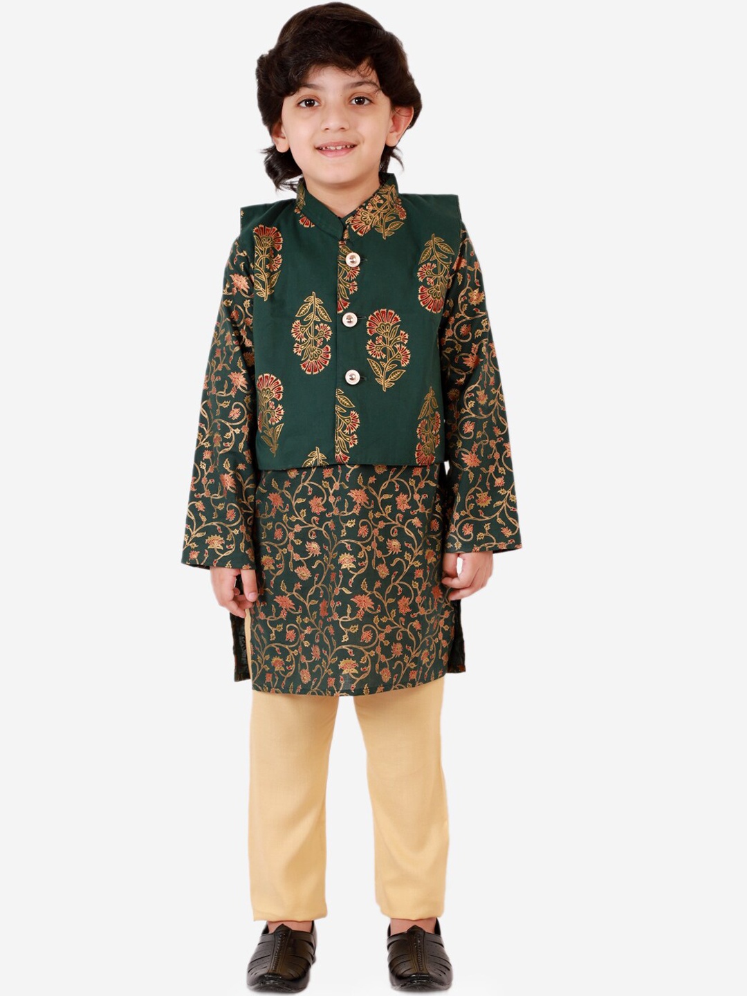 

KID1 Boys Green Floral Printed Pure Cotton Kurta with Pyjamas