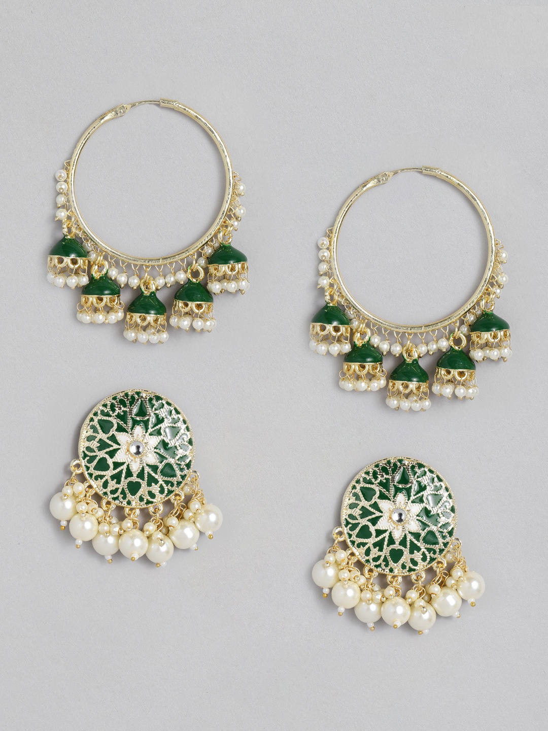 

LAIDA Set Of 2 Green & White Gold-Plated Handcrafted Embellished Enamel Earrings