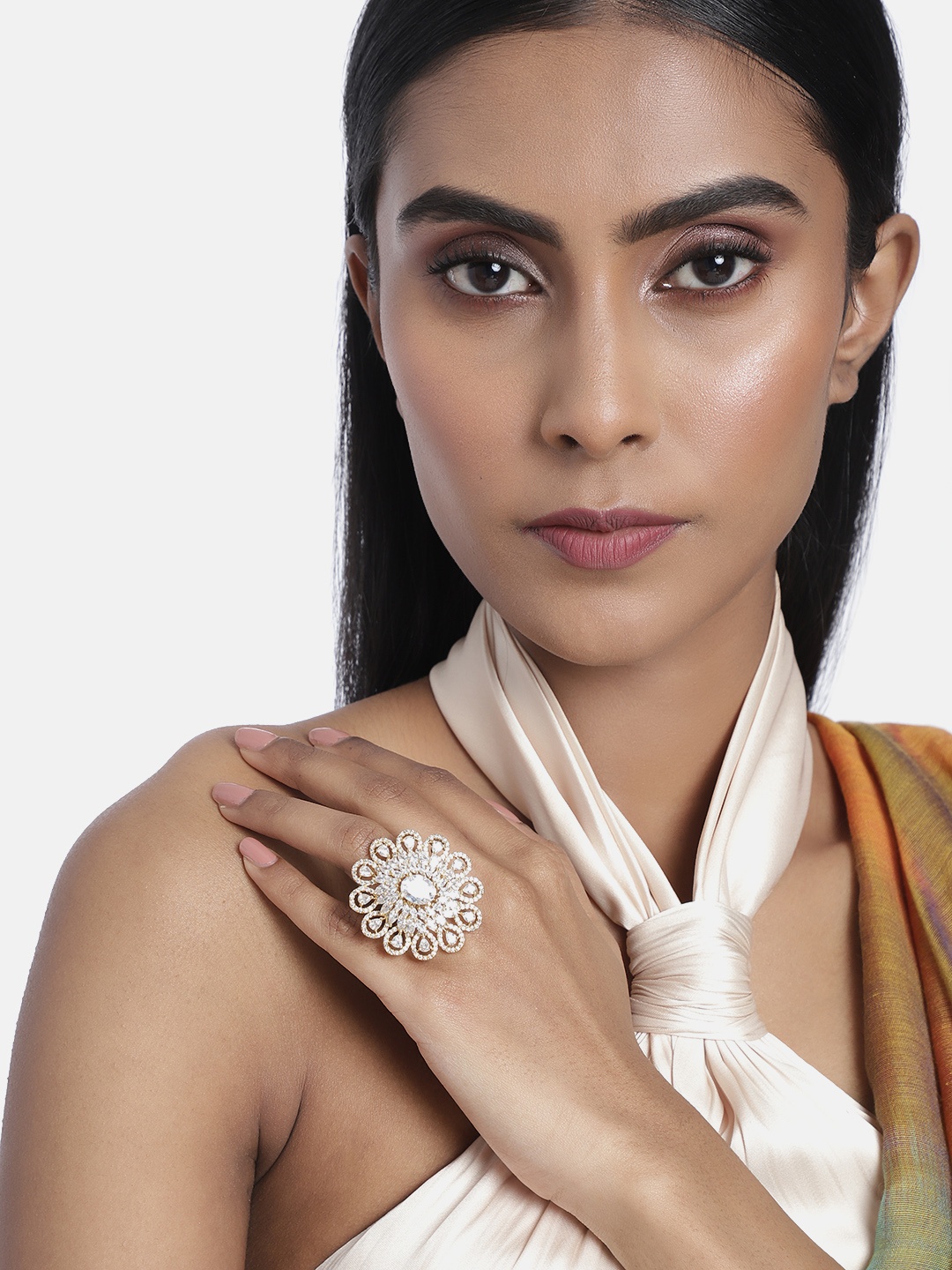 

Laida Gold-Plated Handcrafted American Diamond Studded Floral Ring