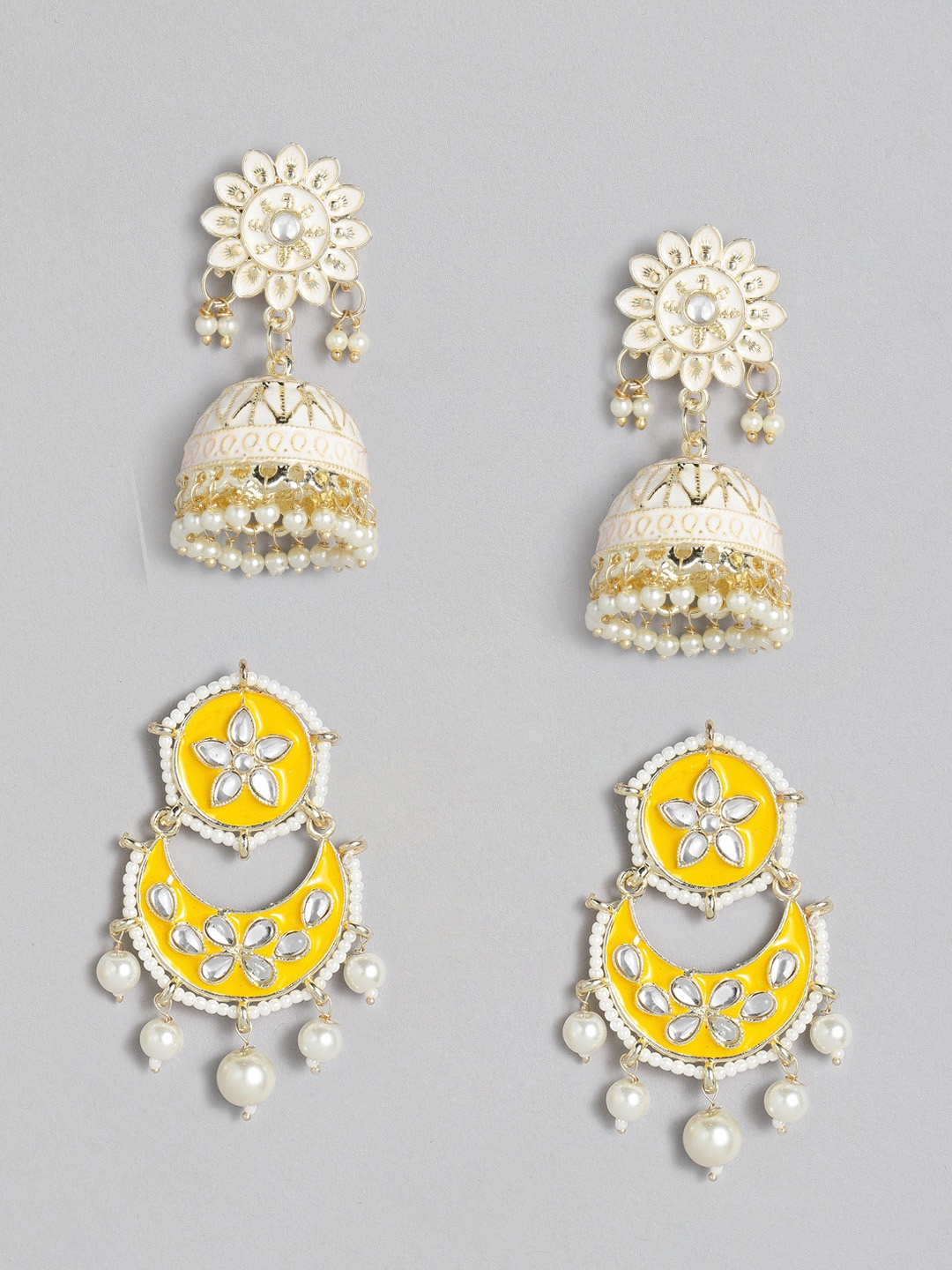 

LAIDA Set Of 2 Yellow & White Gold-Plated Handcrafted Embellished Enamel Earrings