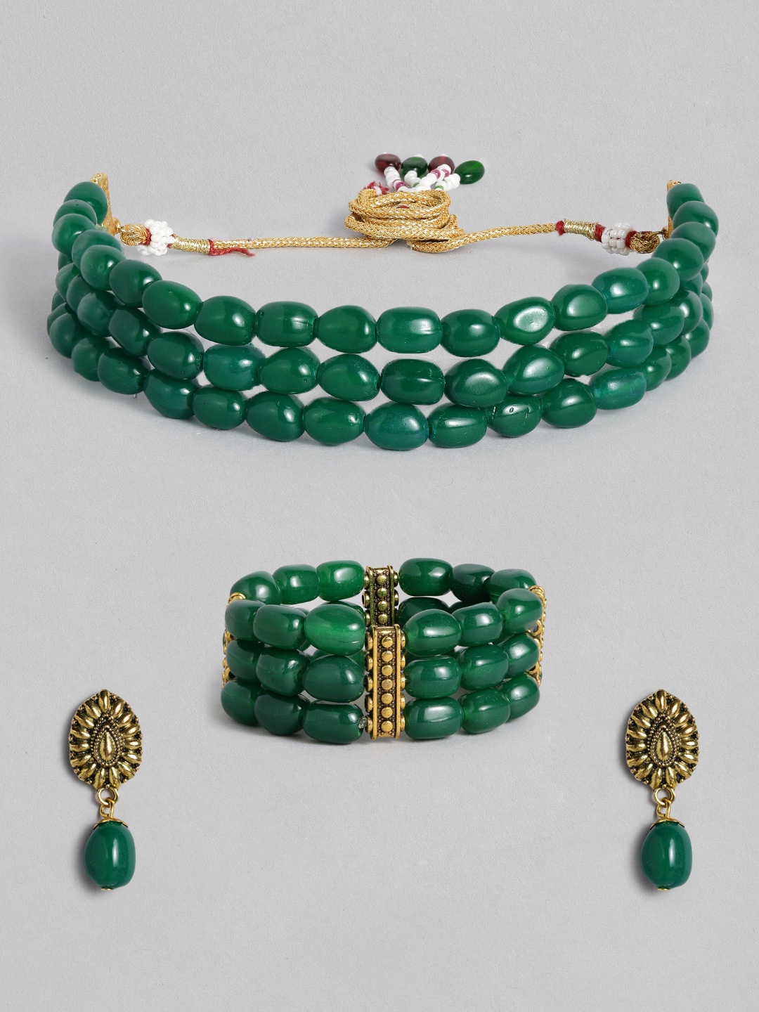 

LAIDA Green Antique Gold-Plated Beaded Handcrafted Choker Jewellery Set