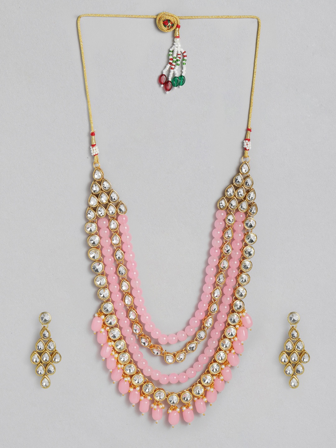 

LAIDA White & Pink Gold-Plated Kundan Studded Handcrafted Embellished Jewellery Set