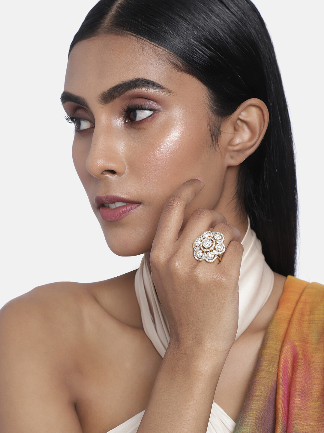 

Laida Gold-Plated Handcrafted American Diamond Studded Floral Ring