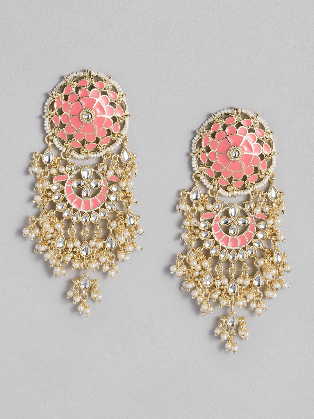 

LAIDA Pink Gold-Plated Kundan Studded Handcrafted Enamelled Drop Earrings