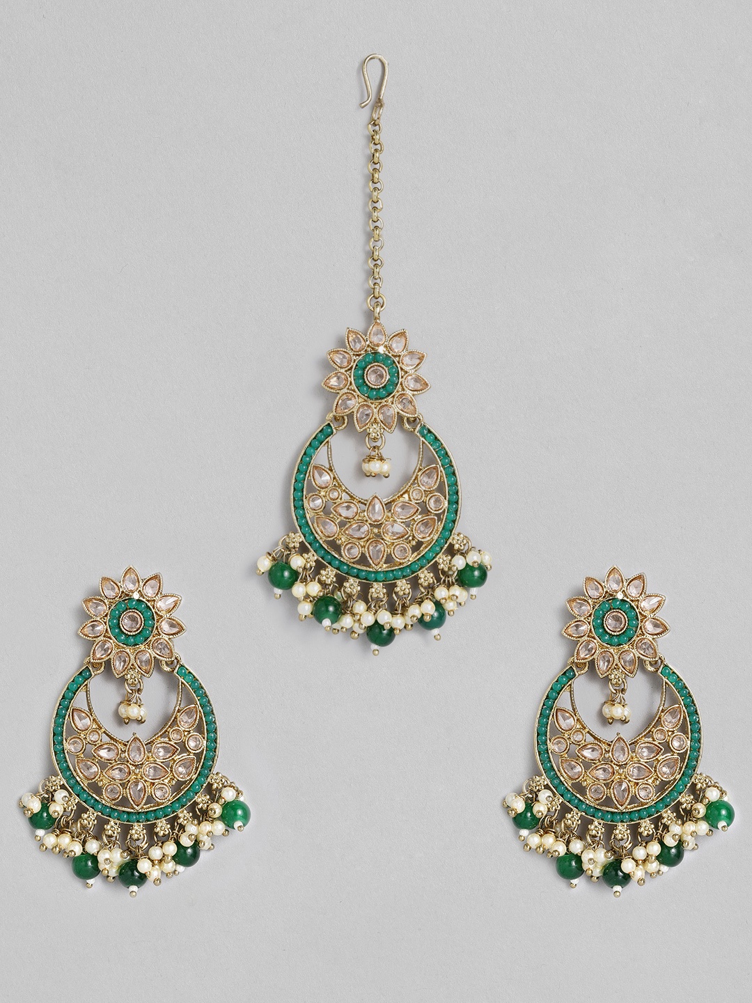 

Laida Gold-Plated & Green Handcrafted Earrings with Maangtikka