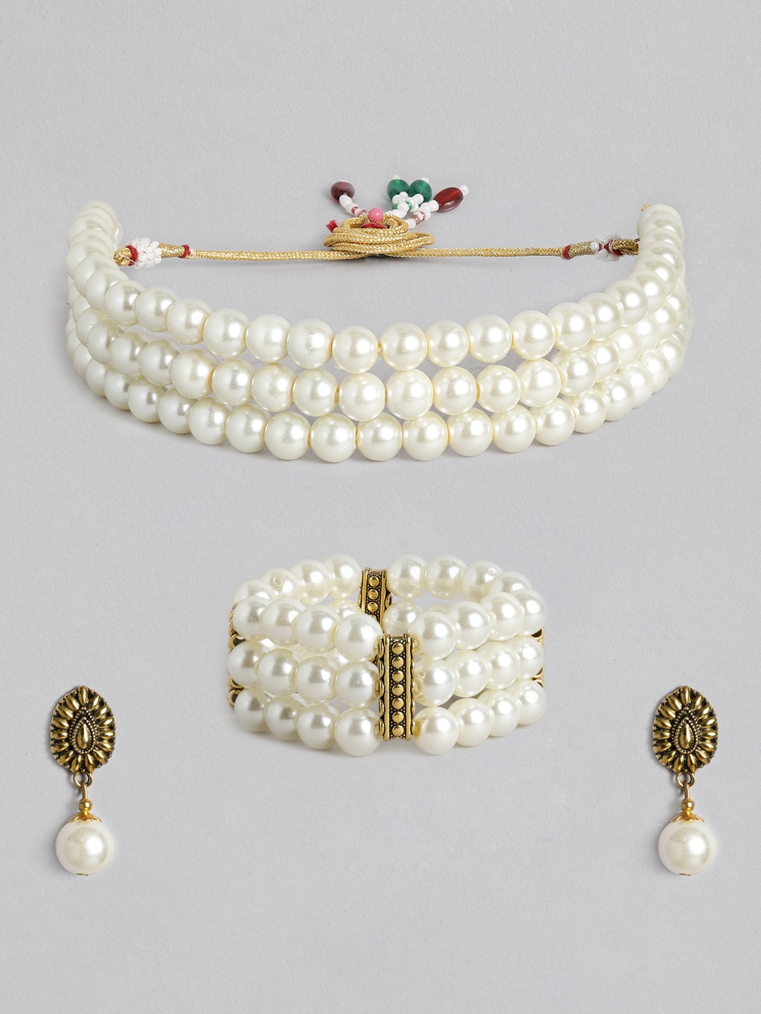 

LAIDA Off-White Antique Gold-Plated Beaded Handcrafted Choker Jewellery Set