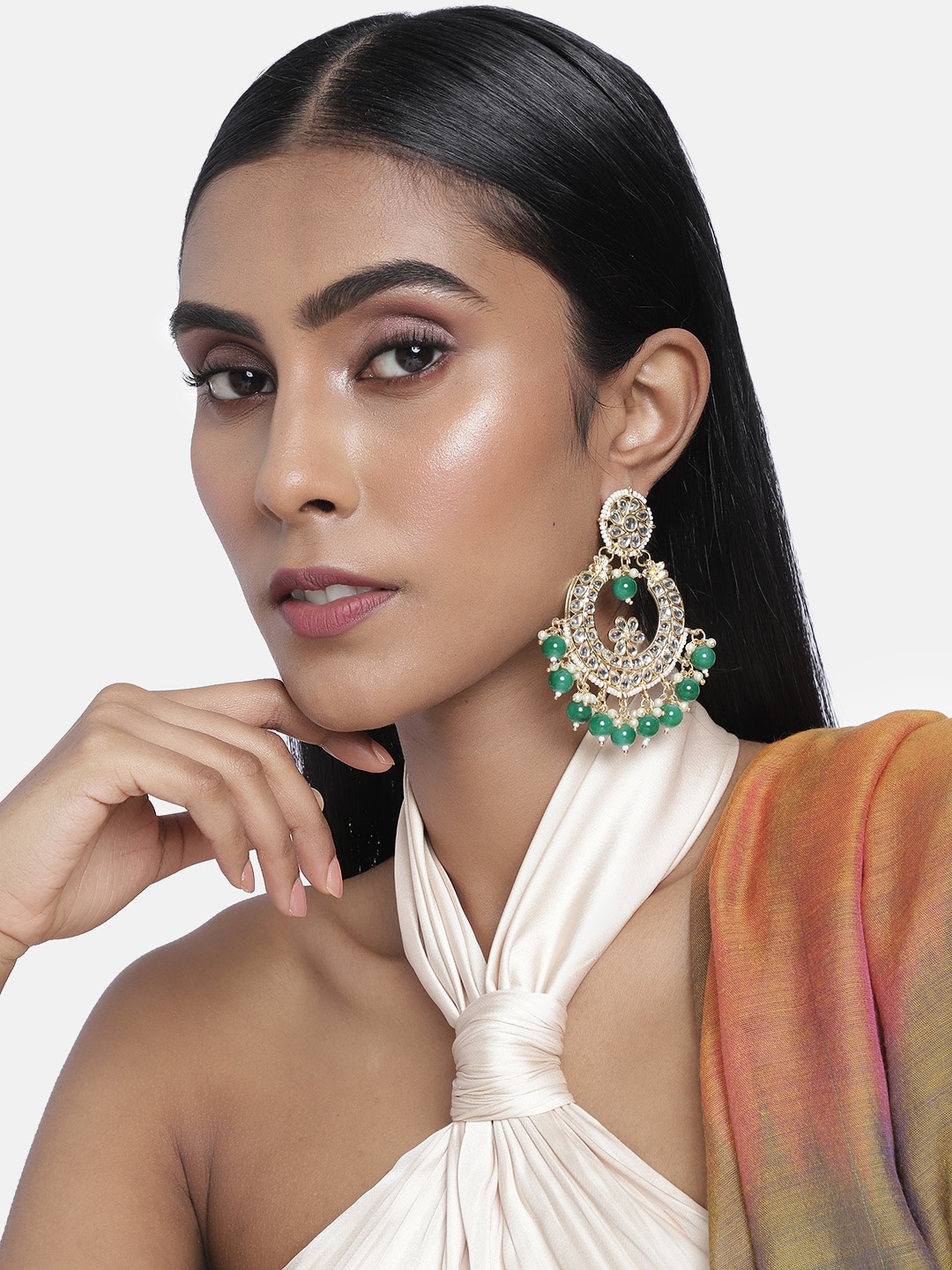 

Laida Gold-Plated & Green Crescent Shaped Chandbali Earrings