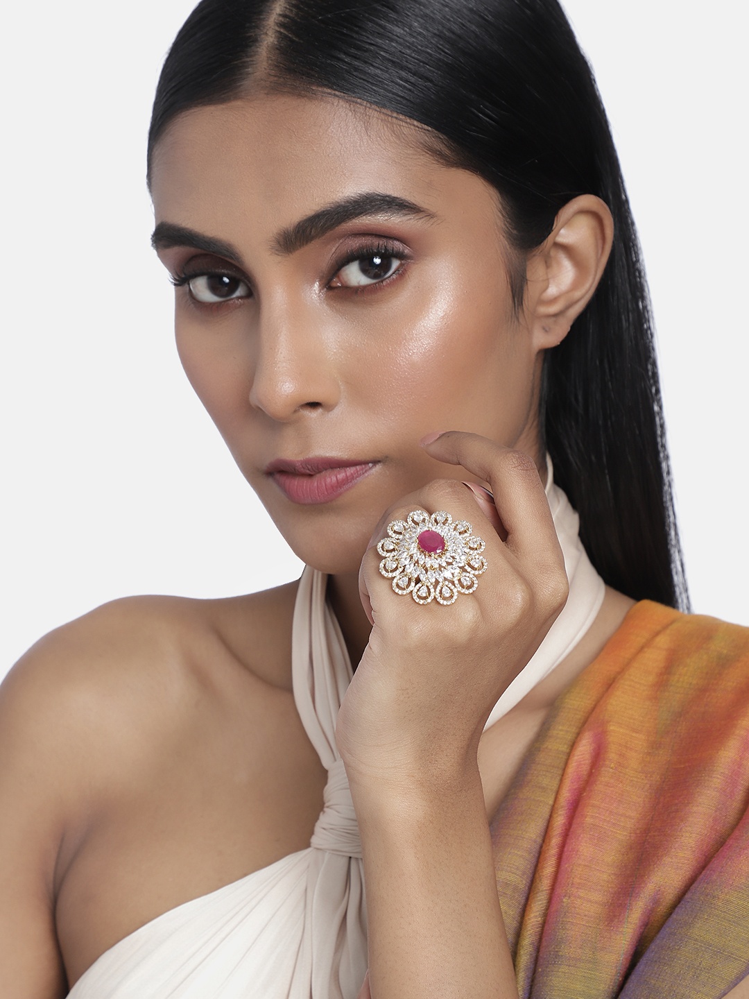 

Laida Gold-Plated & Maroon Handcrafted American Diamond Studded Floral Ring