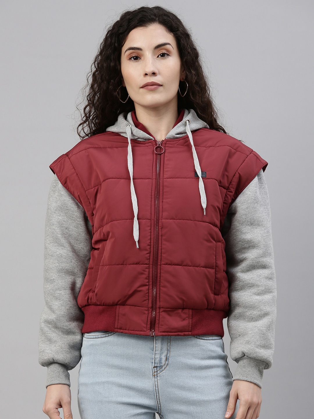 

Campus Sutra Women Maroon Grey Windcheater Outdoor Bomber Jacket