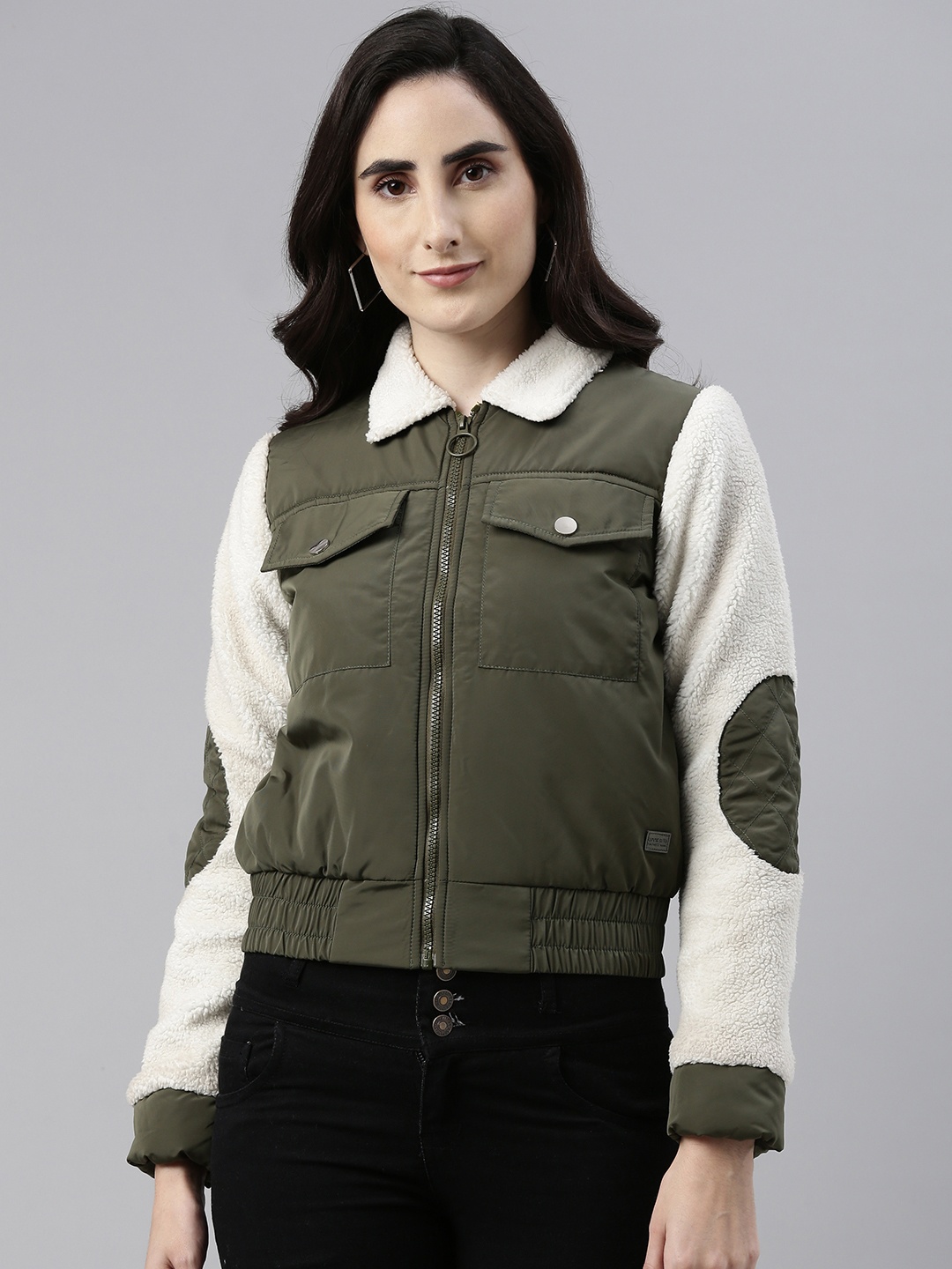 

Campus Sutra Women Olive Green and Off-White Colourblocked Bomber Jacket